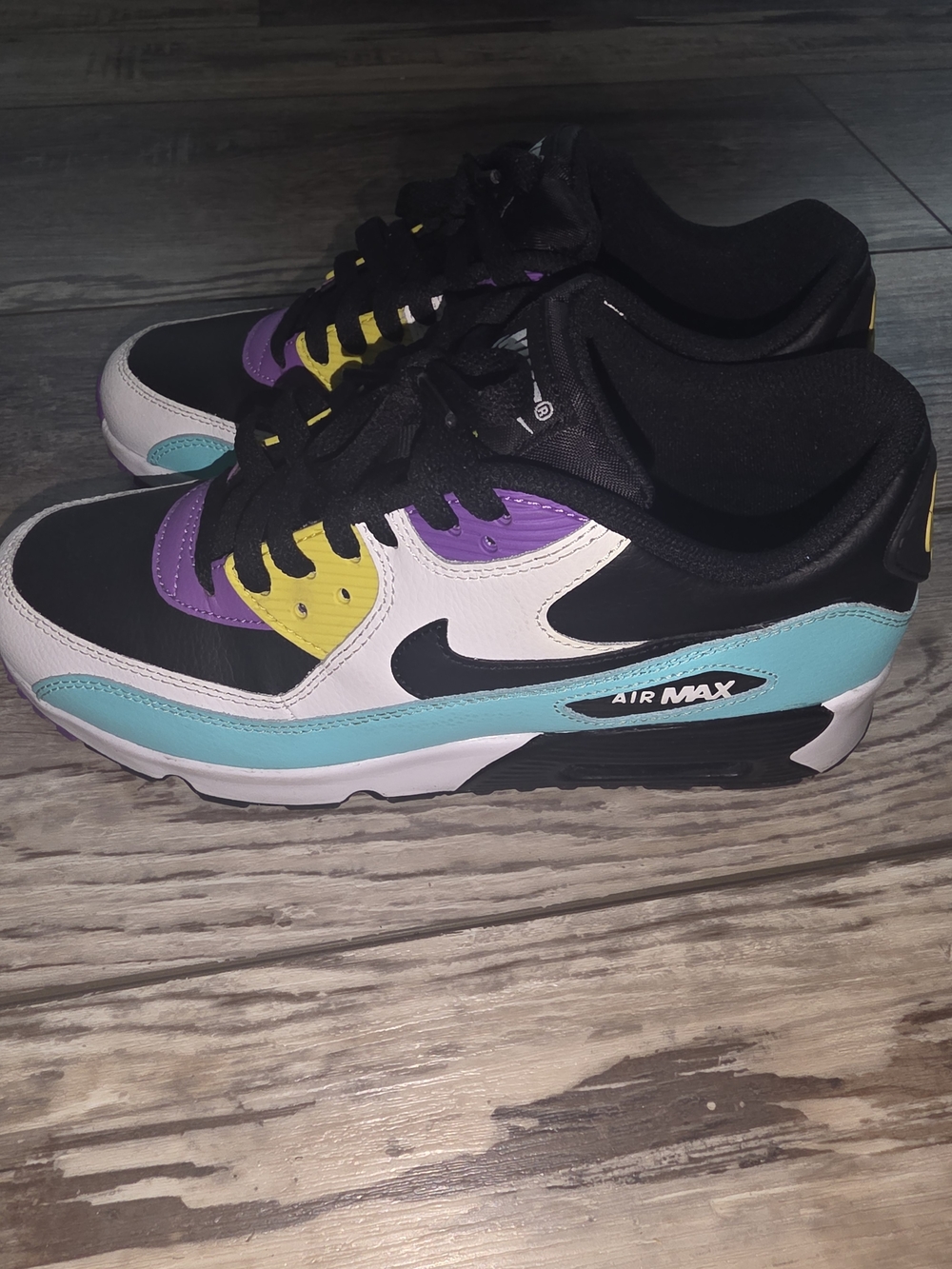 Nike Air Max 90 Multicolor Sneakers Black Aqua Purple Yellow Size 7Y